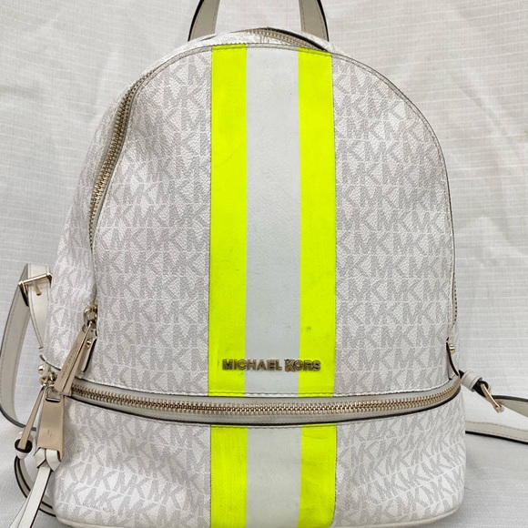 Michael Kors Handbags - Michael Kors White and Neon Yellow Logo Monogram Backpack